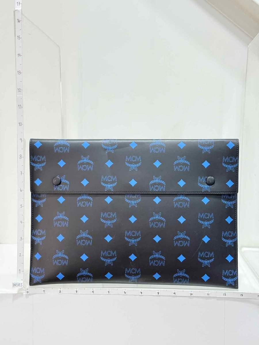 Pre-loved MCM Black & Blue Visetos Logo Print Pouch at Reems Closet