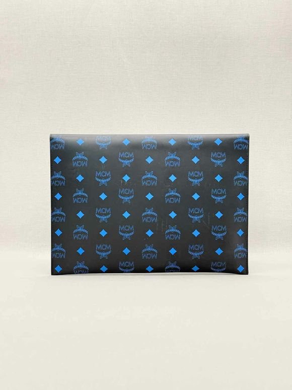 Pre-loved MCM Black & Blue Visetos Logo Print Pouch at Reems Closet