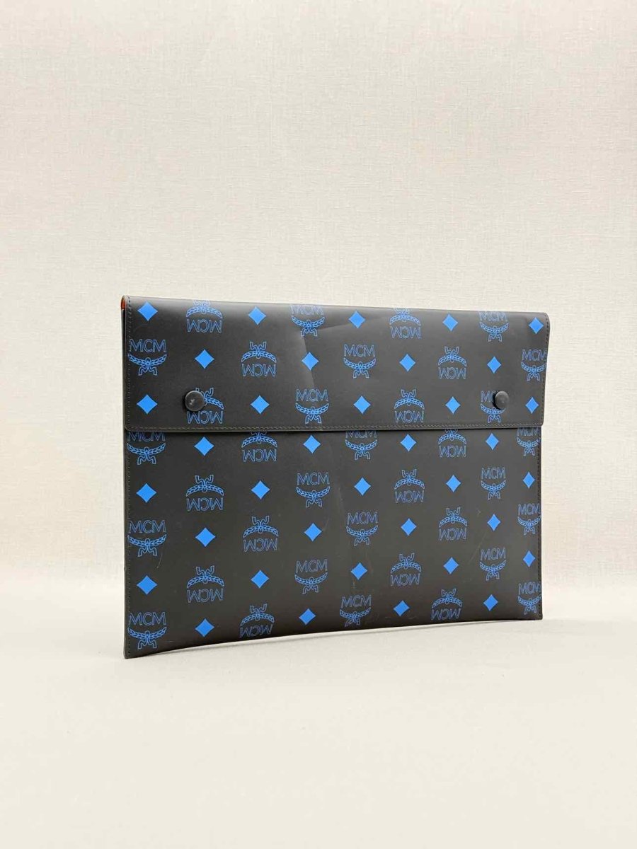 Pre-loved MCM Black & Blue Visetos Logo Print Pouch at Reems Closet