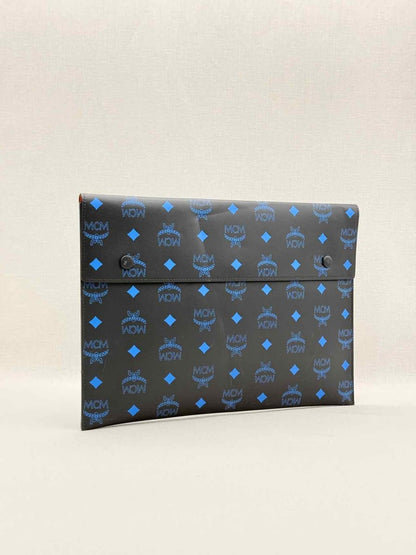 Pre-loved MCM Black & Blue Visetos Logo Print Pouch at Reems Closet
