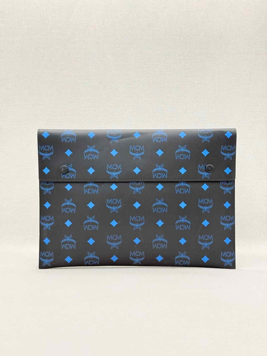 Pre-loved MCM Black & Blue Visetos Logo Print Pouch at Reems Closet