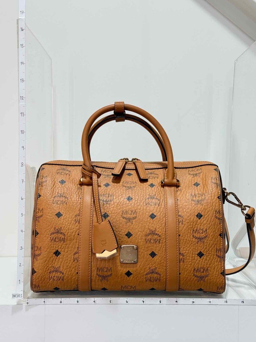 Pre-loved MCM Boston Brown Monogram Top Handle at Reems Closet