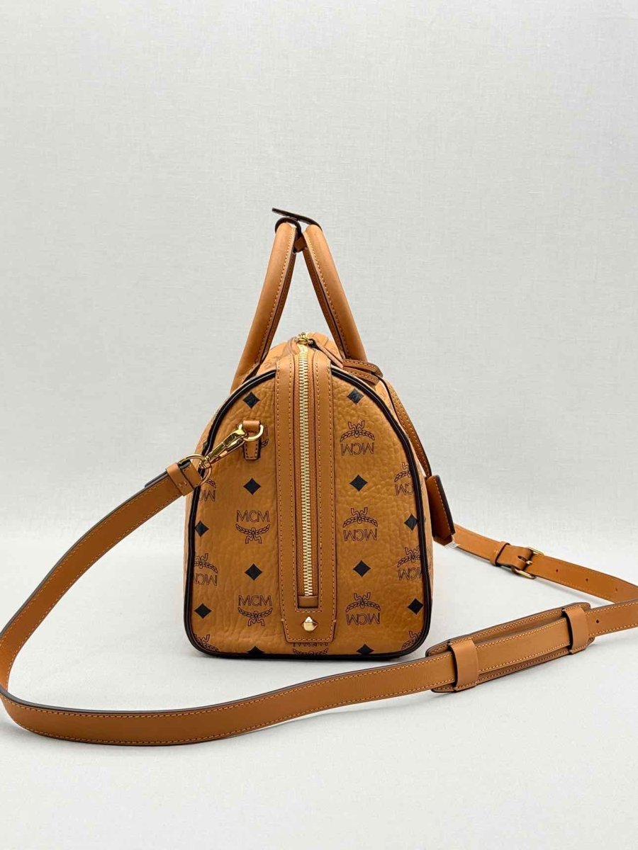 Pre-loved MCM Boston Brown Monogram Top Handle at Reems Closet