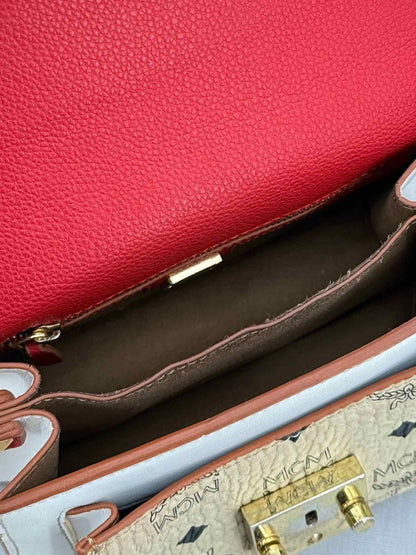 Pre - loved MCM Tracy White, Beige & Red Monogram Top Handle at Reems Closet