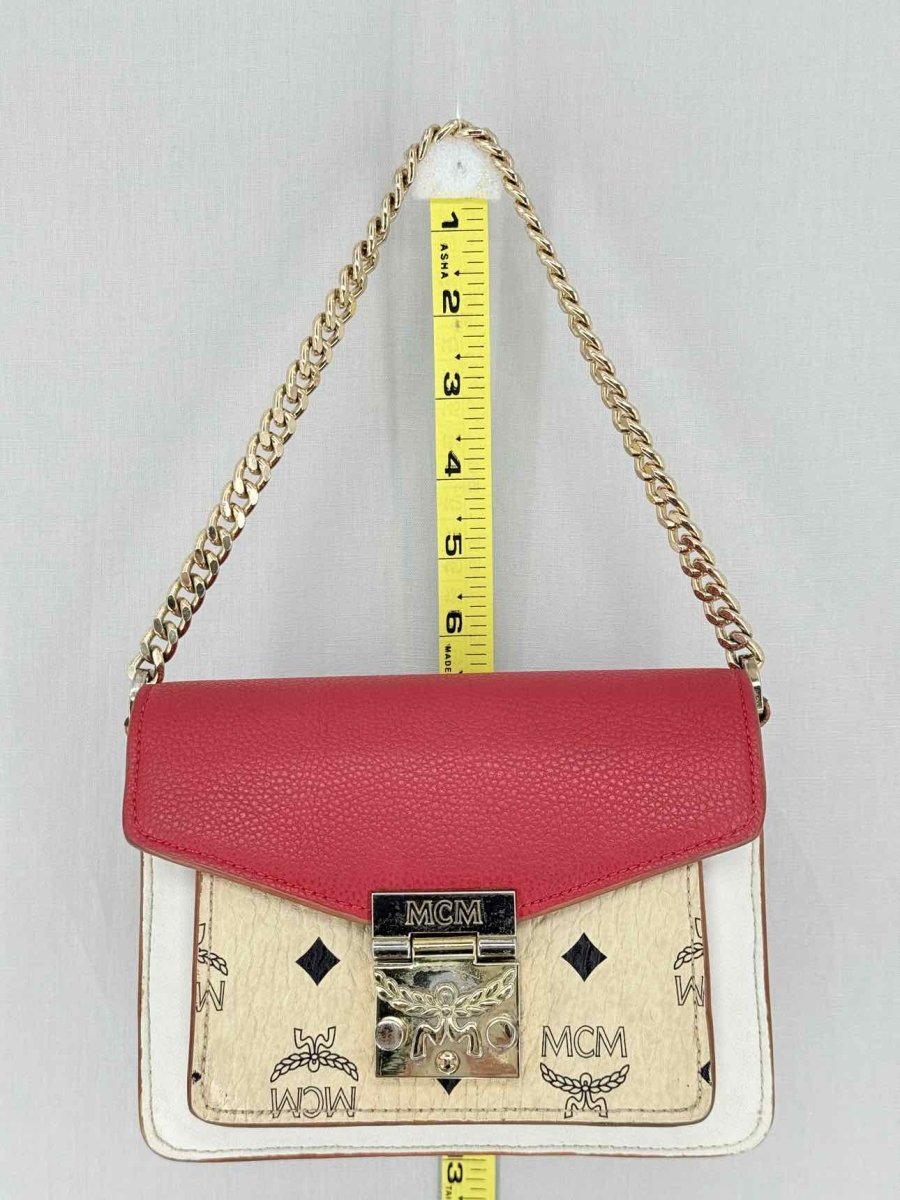 Pre - loved MCM Tracy White, Beige & Red Monogram Top Handle at Reems Closet
