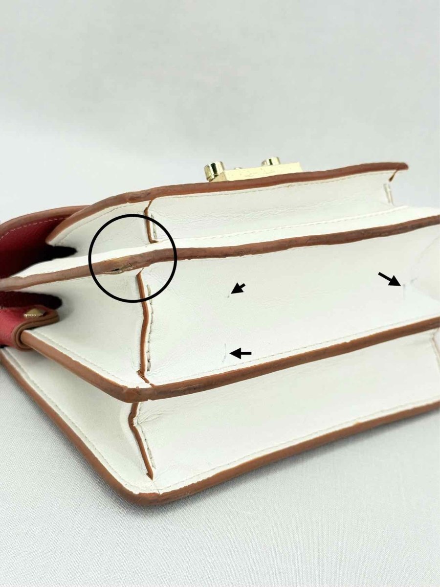 Pre - loved MCM Tracy White, Beige & Red Monogram Top Handle at Reems Closet