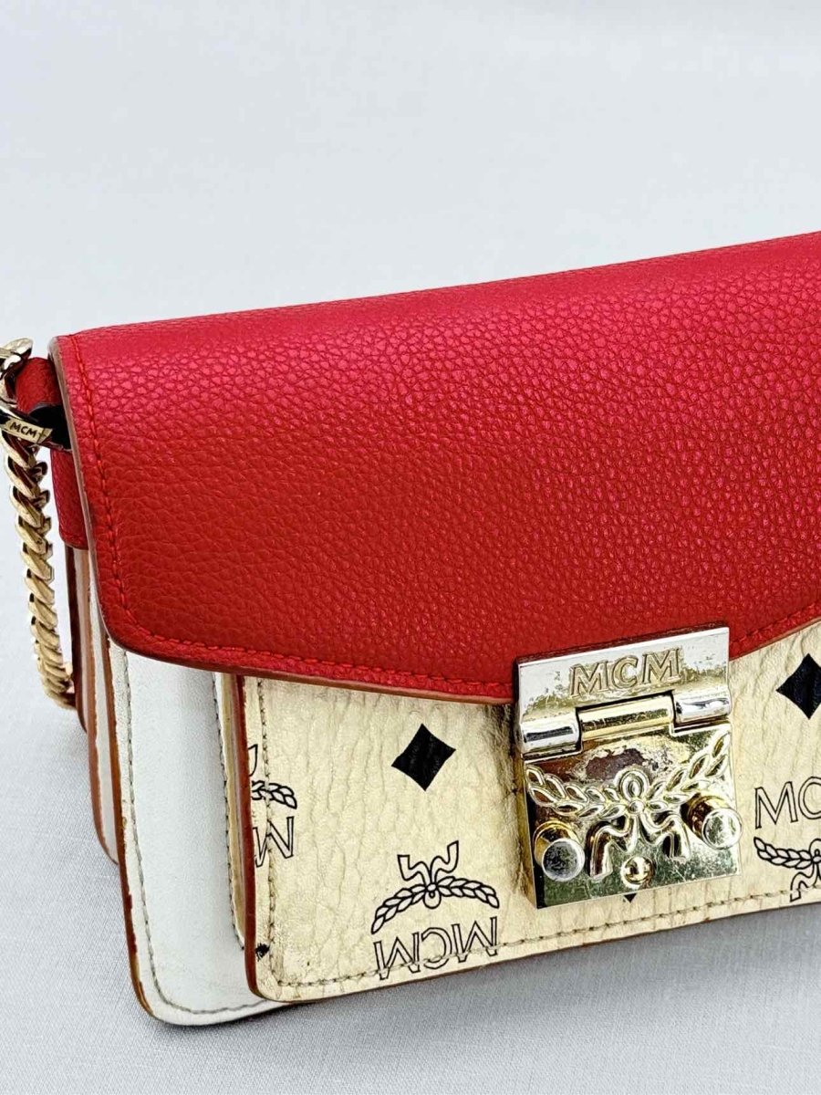 Pre - loved MCM Tracy White, Beige & Red Monogram Top Handle at Reems Closet