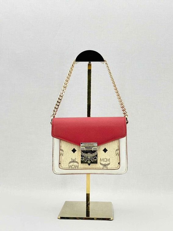 Pre - loved MCM Tracy White, Beige & Red Monogram Top Handle at Reems Closet