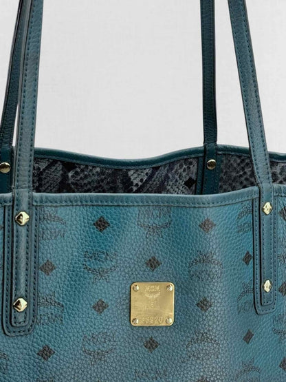 Pre - loved MCM Visetos Revesible Shopper Blue & Black Tote Bag at Reems Closet