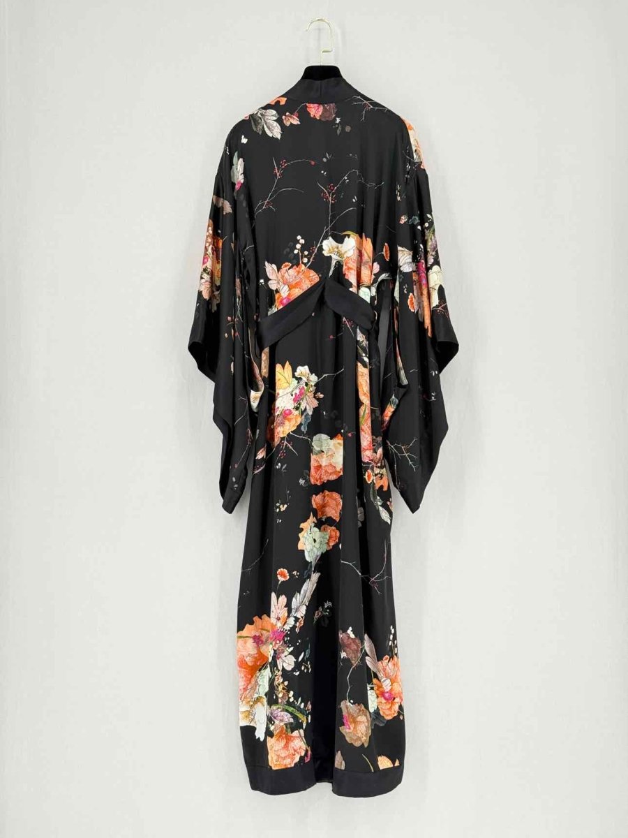 Pre - loved MENG Black Multicolor Floral Print Size One Size Robe at Reems Closet