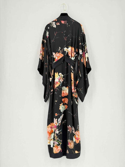 Pre - loved MENG Black Multicolor Floral Print Size One Size Robe at Reems Closet