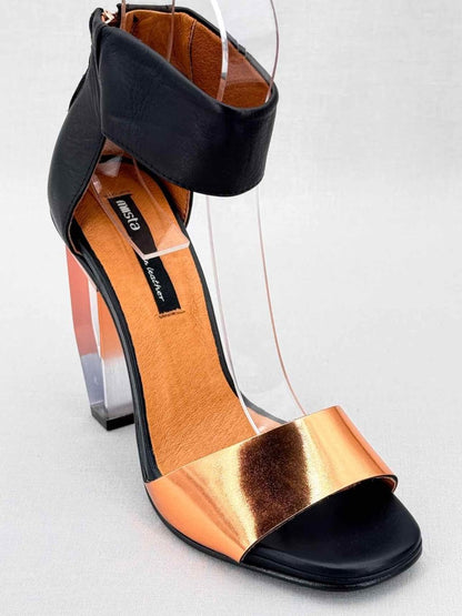 Pre - loved MISTA Ankle Strap Black & Bronze Heeled Sandals 37 at Reems Closet