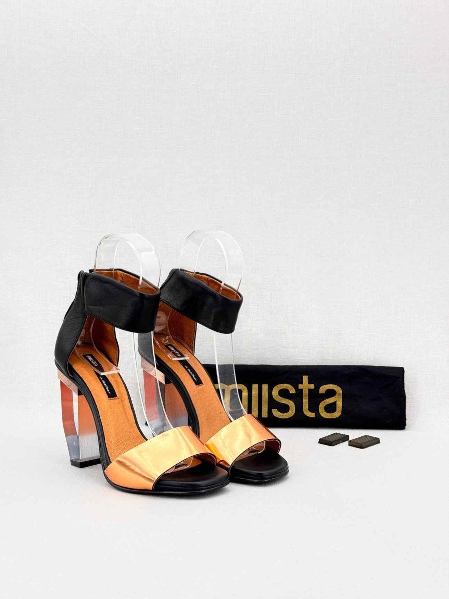 Pre - loved MISTA Ankle Strap Black & Bronze Heeled Sandals 37 at Reems Closet