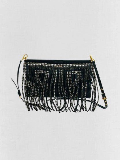 Pre - loved MIU MIU Black Fringed Shoulder Bag at Reems Closet