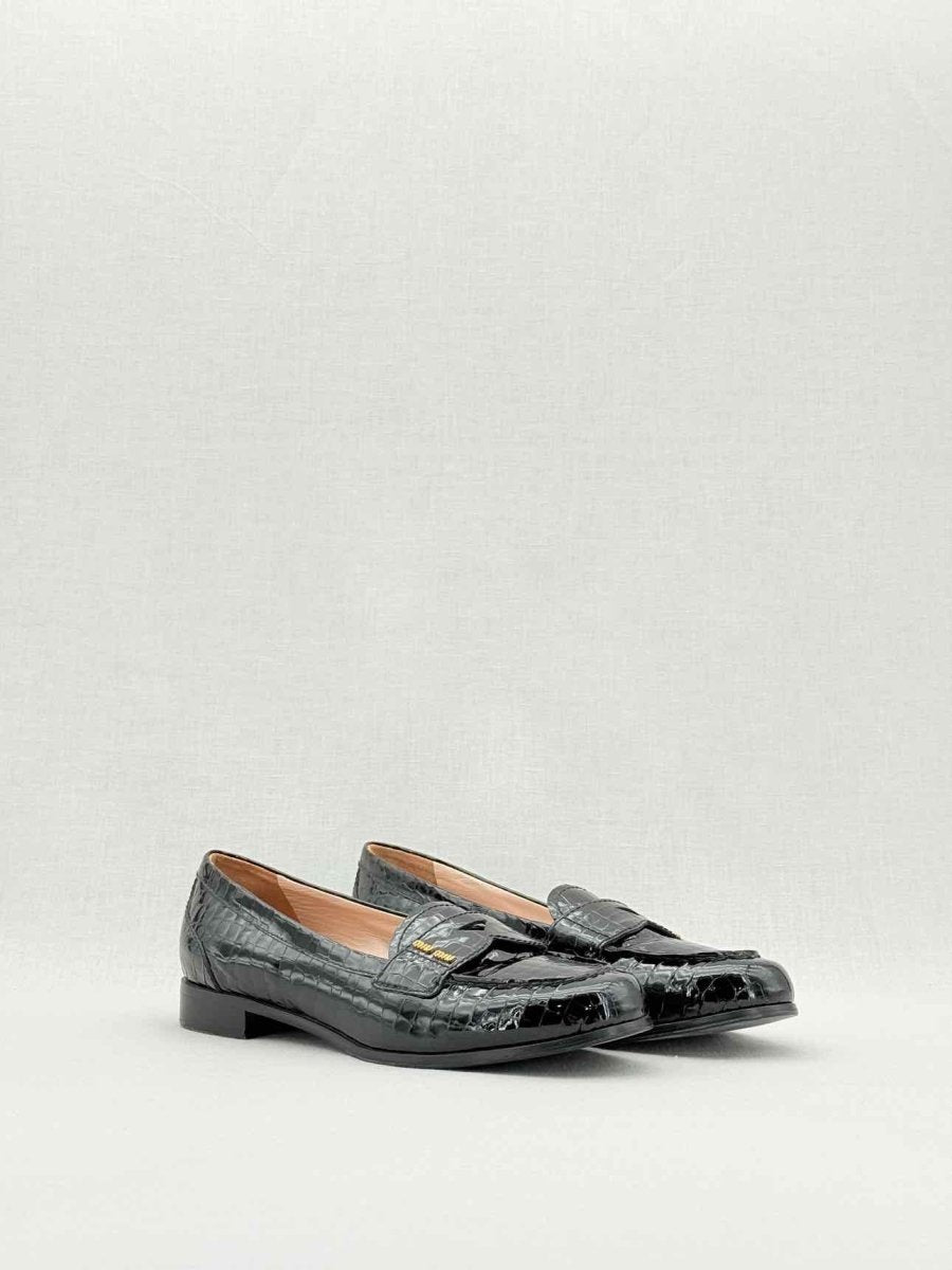 Pre - loved MIU MIU Croc Effect Black Size EU 38.5 Loafers at Reems Closet