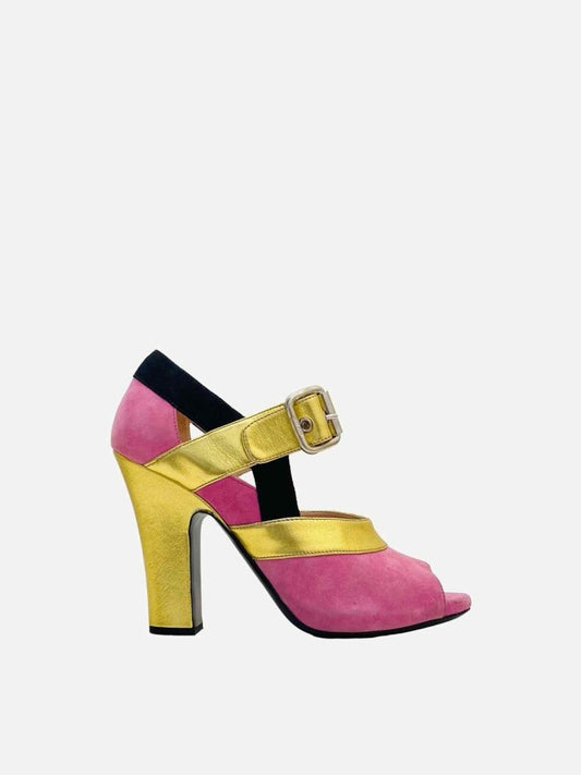 Pre-loved MIU MIU Mary Jane Pink & Gold Heeled Sandals from Reems Closet