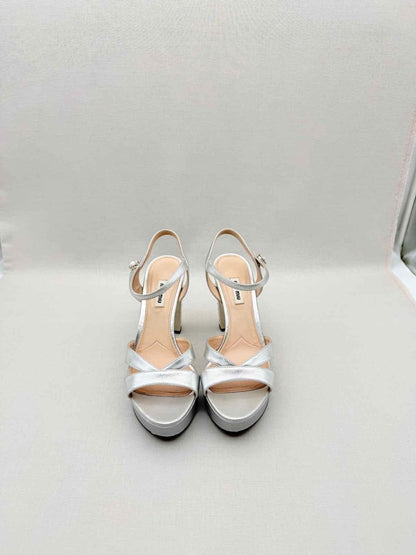 Pre - loved MIU MIU Metallic Silver Size EU 40 Platform Sandals at Reems Closet