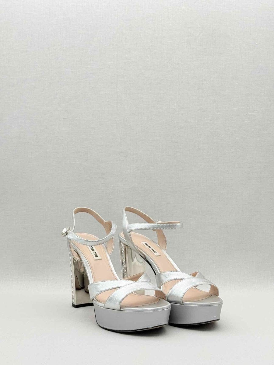 Pre - loved MIU MIU Metallic Silver Size EU 40 Platform Sandals at Reems Closet