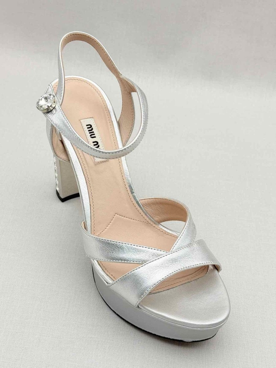 Pre - loved MIU MIU Metallic Silver Size EU 40 Platform Sandals at Reems Closet