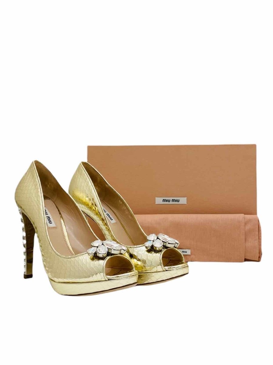 Pre - loved MIU MIU Peep Toe Metallic Gold Snakeskin Print Pumps at Reems Closet