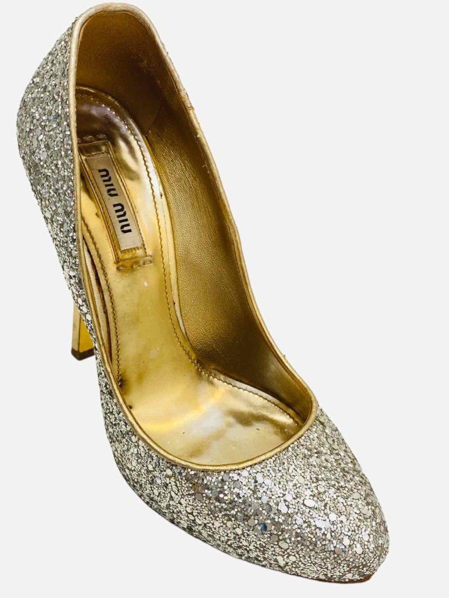 Pre - loved MIU MIU Silver Glitter Pumps at Reems Closet