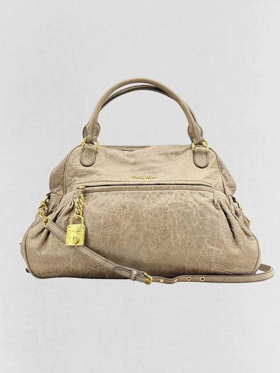 Pre - loved MIU MIU Taupe Top Handle at Reems Closet