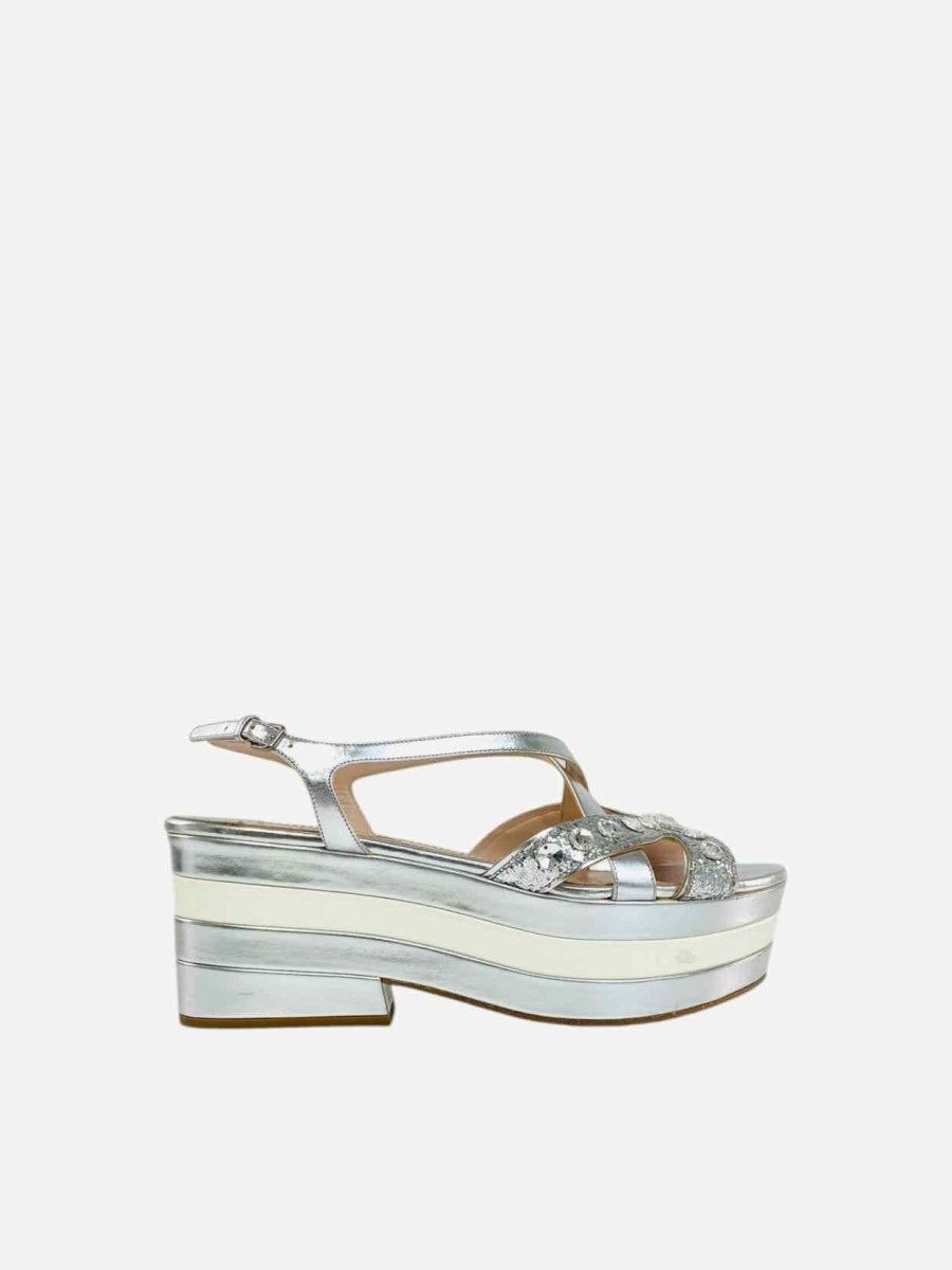 Pre - loved MIU MIU Wedge Silver Slingbacks 40 at Reems Closet