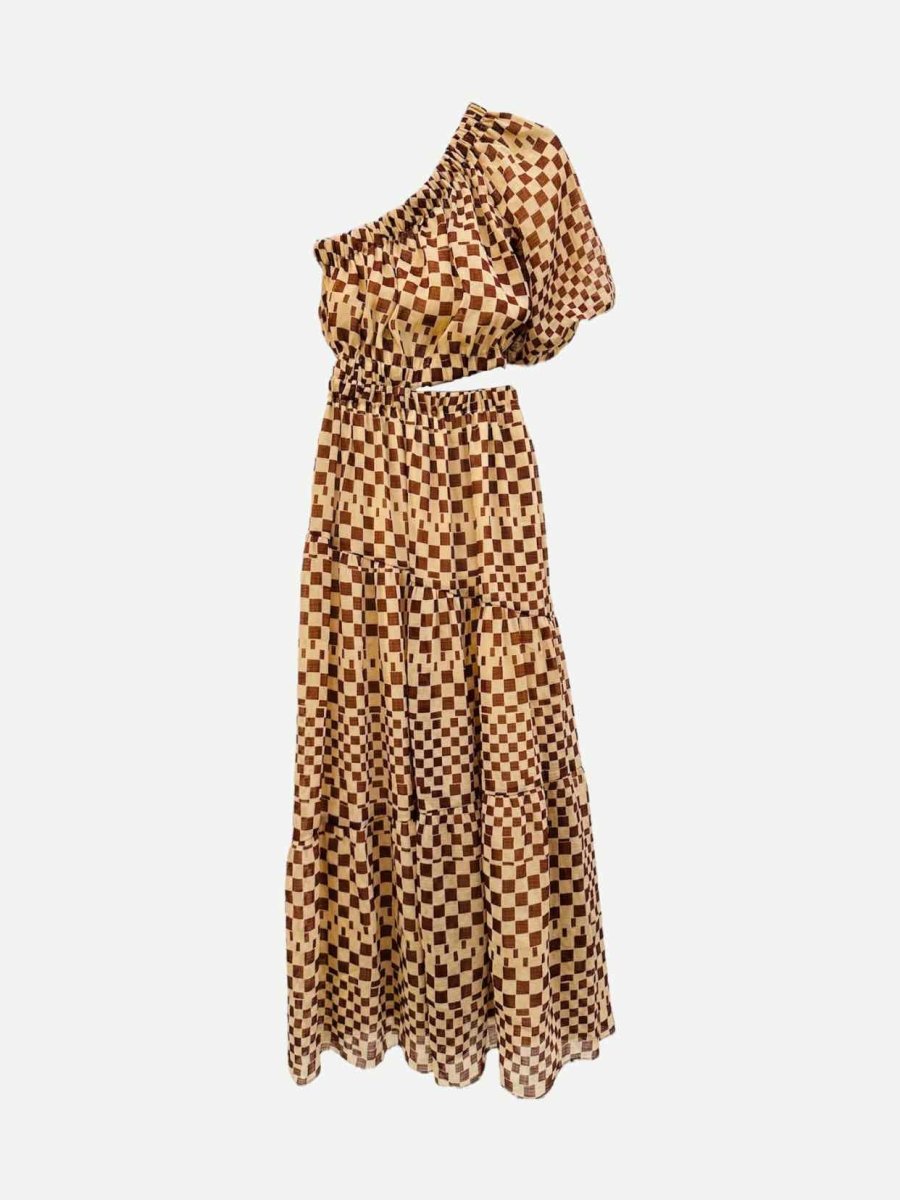 Pre - loved MOON RIVER One Shoulder Brown Geometric Midi Dress at Reems Closet