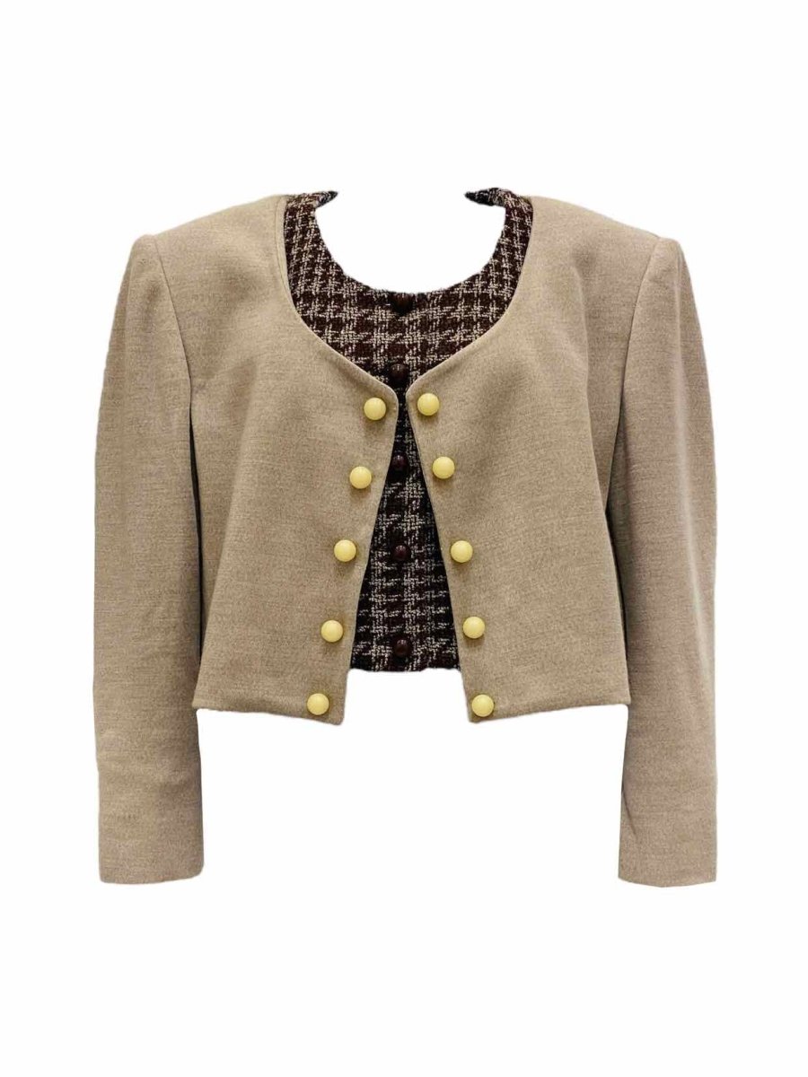 Pre - loved MOSCHINO Cropped Beige & Brown Tweed Jacket at Reems Closet