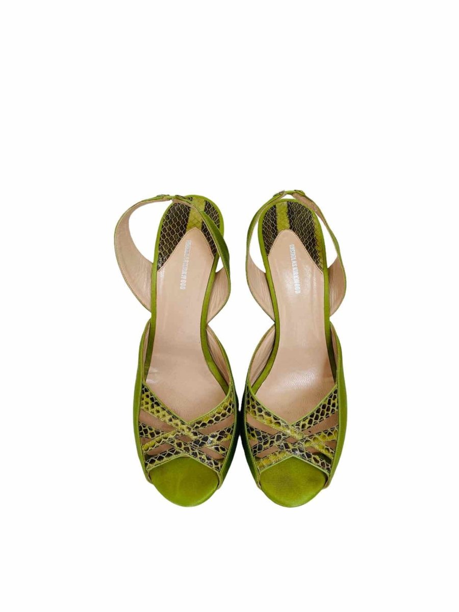 Pre - loved NICHOLAS KIRKWOOD Green Embossed Heeled Sandals 40 at Reems Closet