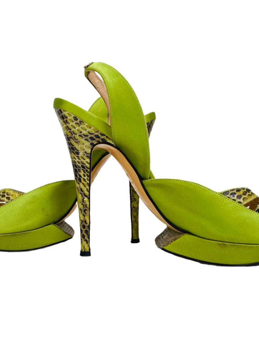 Pre - loved NICHOLAS KIRKWOOD Green Embossed Heeled Sandals 40 at Reems Closet