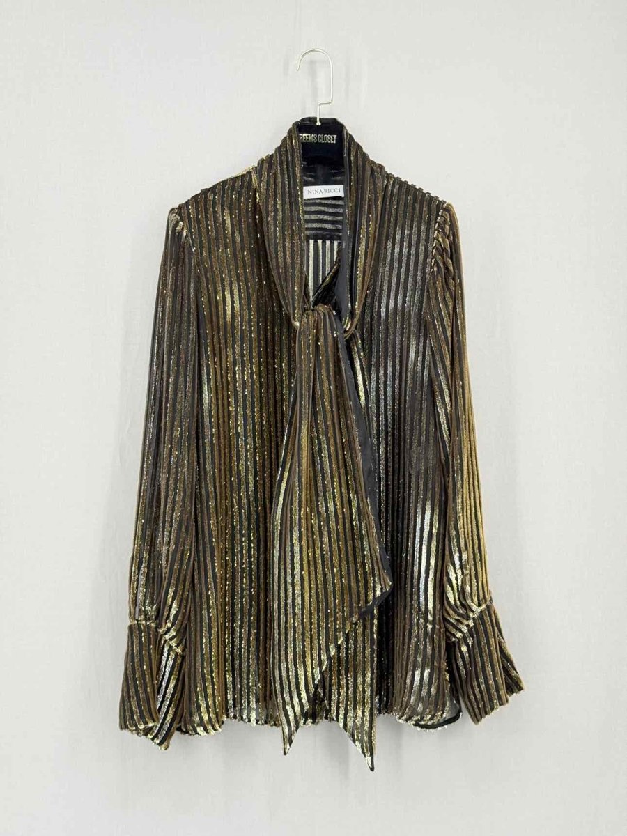 Pre - loved NINA RICCI Metallic Gold & Black Size US 2 Blouse at Reems Closet