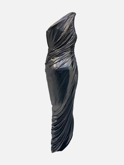 Pre - loved NORMA KAMALI Draped Metallic Grey Midi Bodycon Dress at Reems Closet