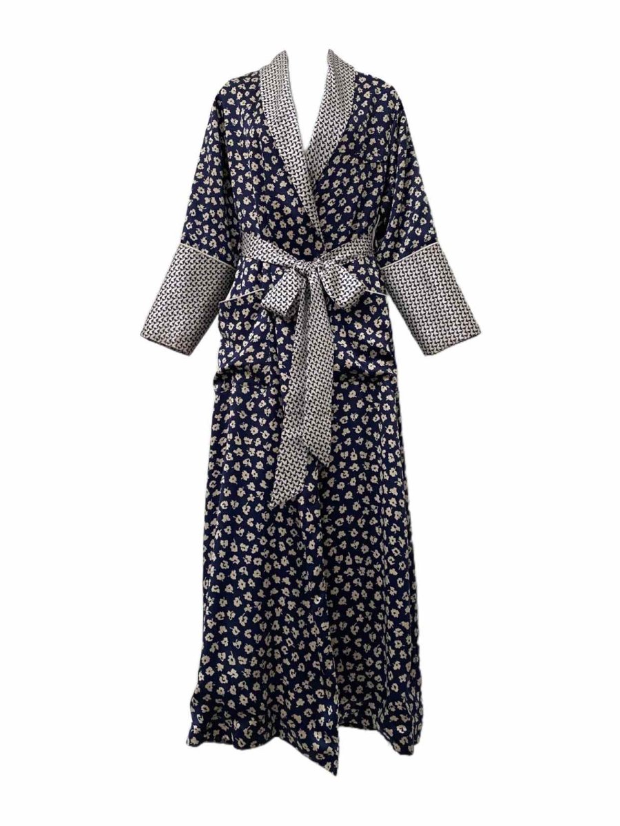 Pre - loved OLIVIA VON HALLE Navy Blue & Beige Printed Robe Small at Reems Closet