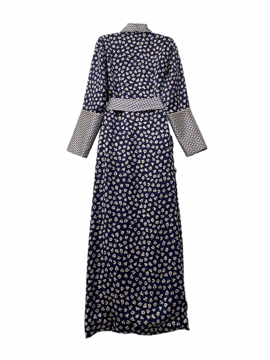 OLIVIA VON HALLE Navy Blue Beige Printed Robe Small Reems Closet
