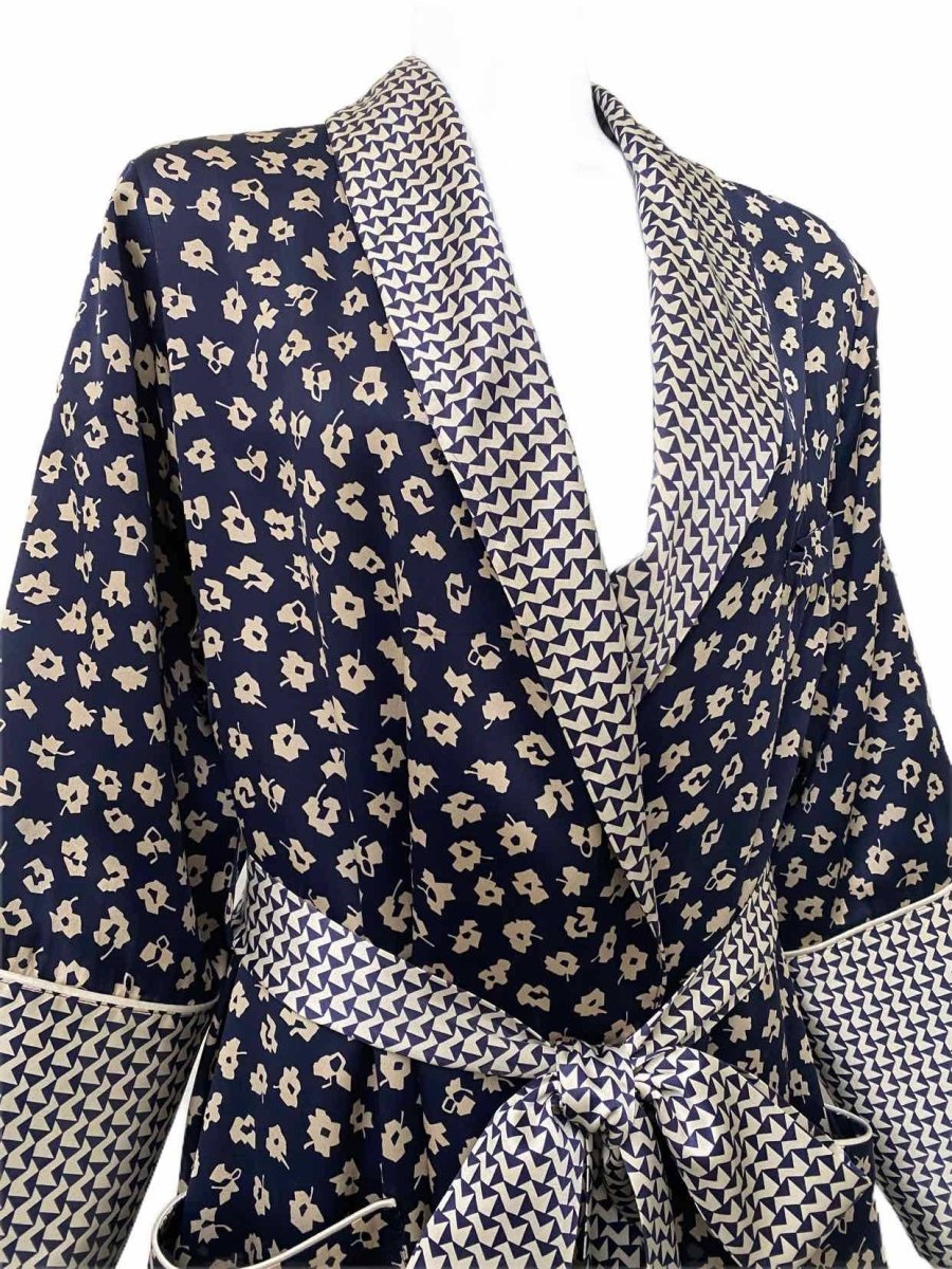 Pre - loved OLIVIA VON HALLE Navy Blue & Beige Printed Robe Small at Reems Closet