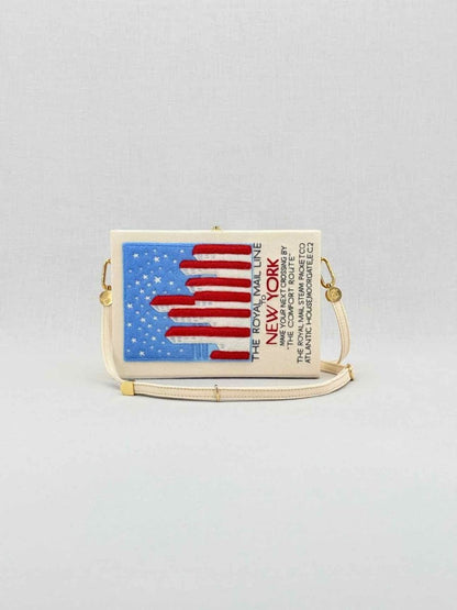 Pre - loved OLYMPIA LE - TAN New York Voyages Beige Multicolor Clutch at Reems Closet