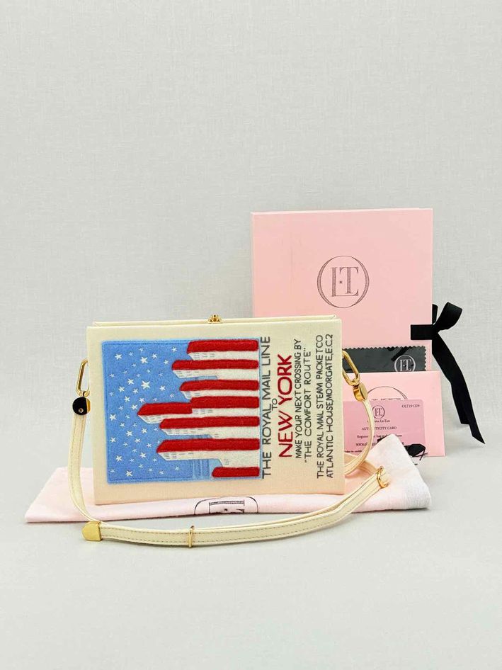 Pre - loved OLYMPIA LE - TAN New York Voyages Beige Multicolor Clutch at Reems Closet