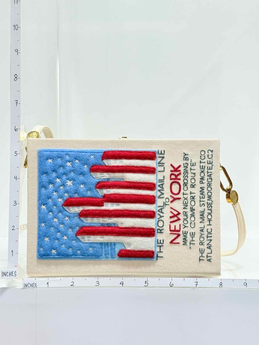 Pre - loved OLYMPIA LE - TAN New York Voyages Beige Multicolor Clutch at Reems Closet