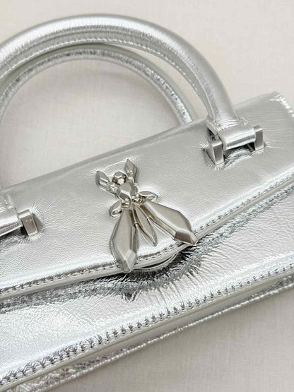 Pre - loved PATRIZIA PEPE Fly Bamby Metallic Silver Top Handle at Reems Closet