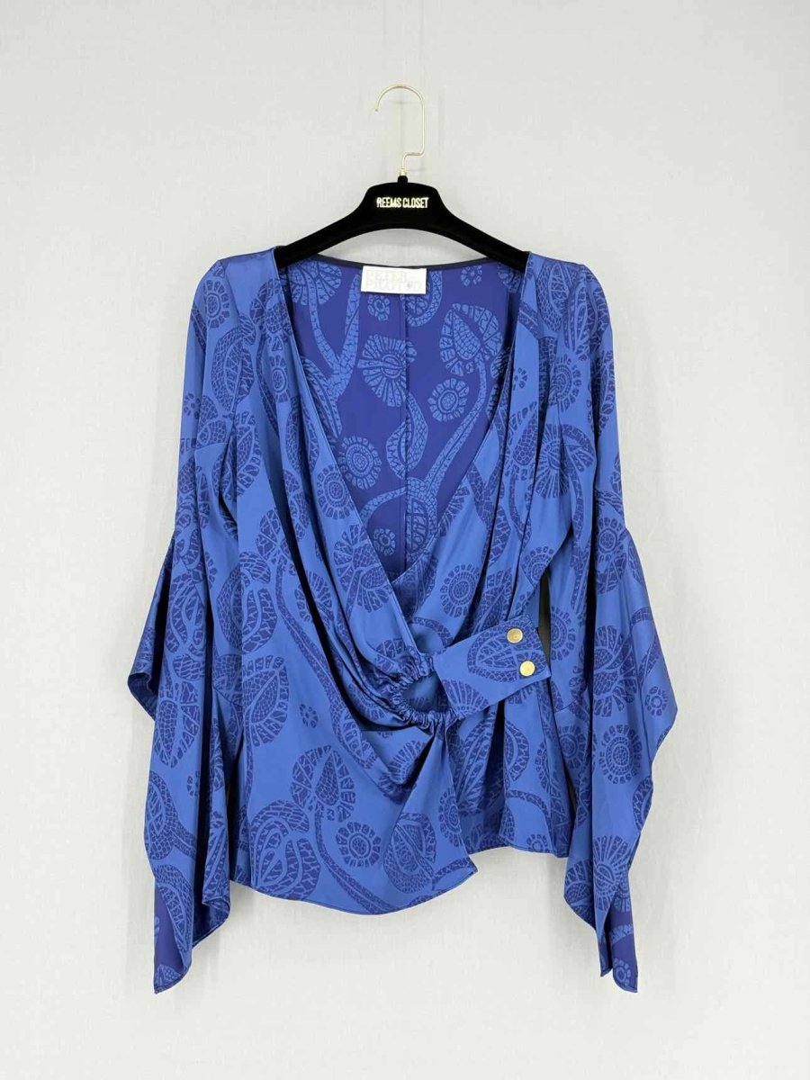 Pre - loved PETER PILOTTO Wrap Blue Jacquard Size US 6 Blouse at Reems Closet