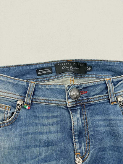 Pre-loved PHILIPP PLEIN Retro Superhero Blue Size 28 Jeans at Reems Closet