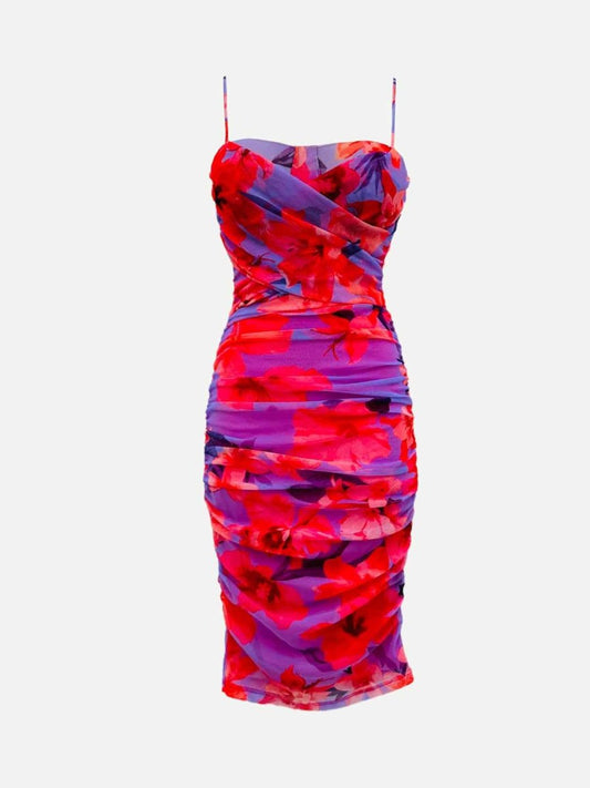 Pre - loved PINKO Bodycon Pink & Purple Printed Knee Length Dress at Reems Closet