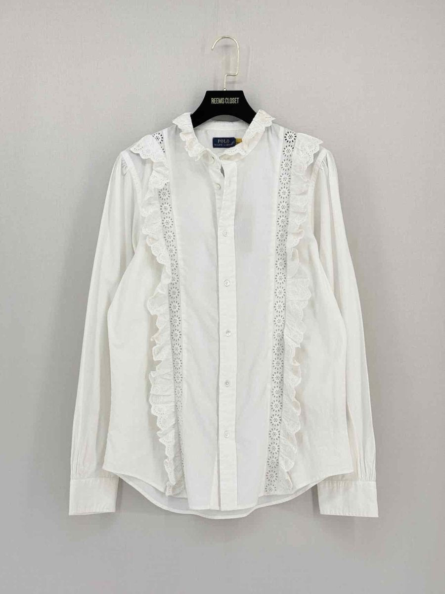 Pre - loved POLO RALPH LAUREN White Frilled Trim Size US 8 Shirt at Reems Closet