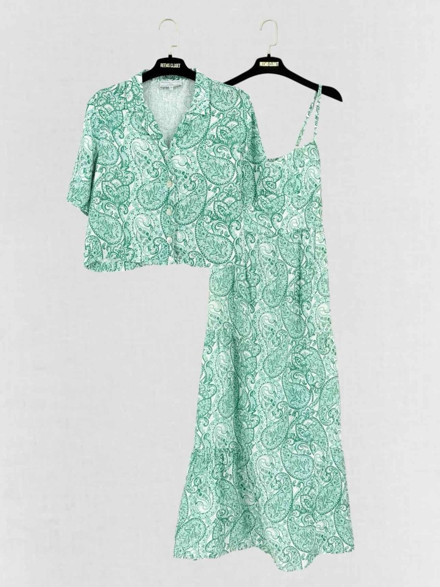 Pre - loved POSITANO COUTURE White & Green Size Medium Midi Dress at Reems Closet