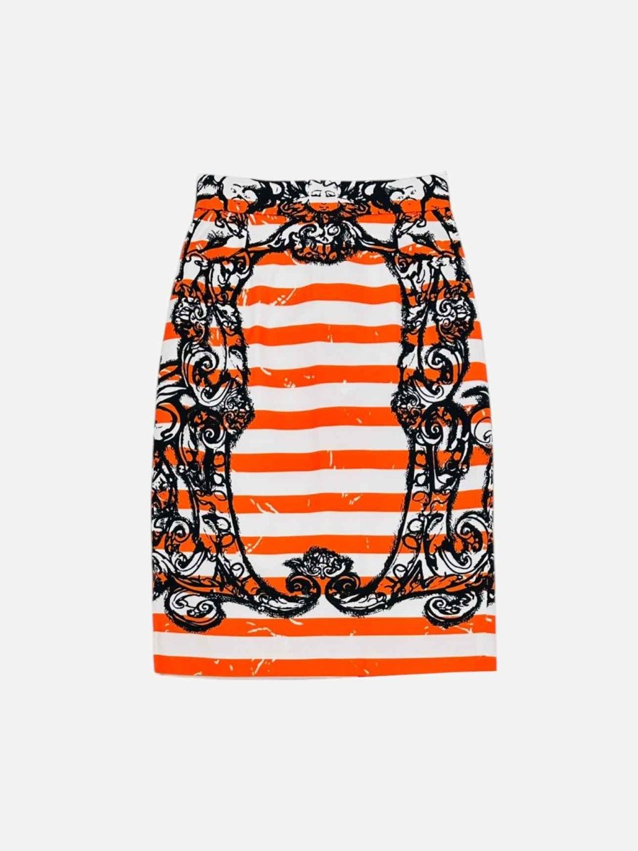 Pre - loved PRADA 2018 Orange w/ white & black Striped Pencil Skirt at Reems Closet