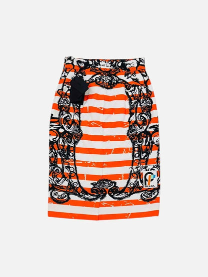 Pre - loved PRADA 2018 Orange w/ white & black Striped Pencil Skirt at Reems Closet