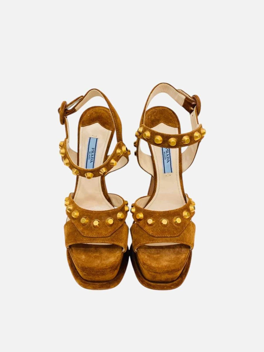 Pre - loved PRADA Abstract Brown Stud Embellished Heeled Sandals at Reems Closet