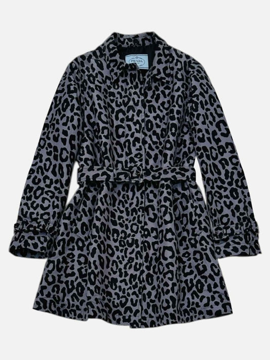 Pre - loved PRADA Belted Grey & Black Leopard Coat at Reems Closet