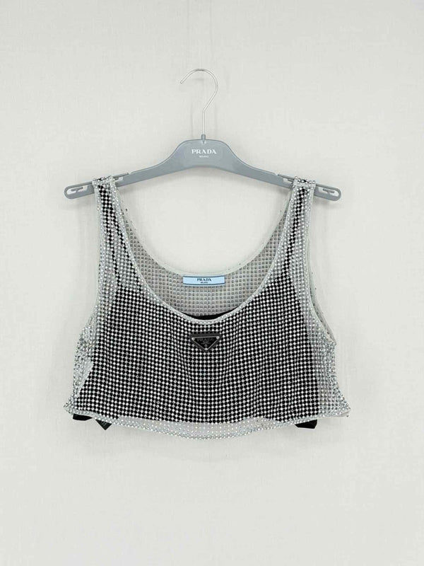 Pre - loved PRADA Black & Silver Logo Plaque Size US 4 Top at Reems Closet